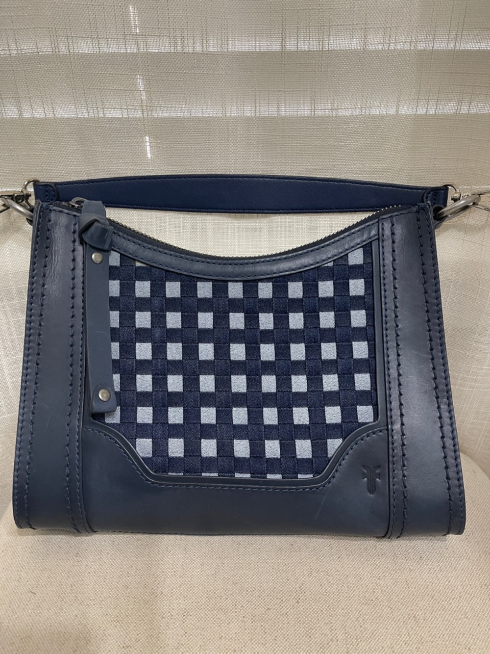 Frye Navy Check-Panel Leather Shoulder Bag